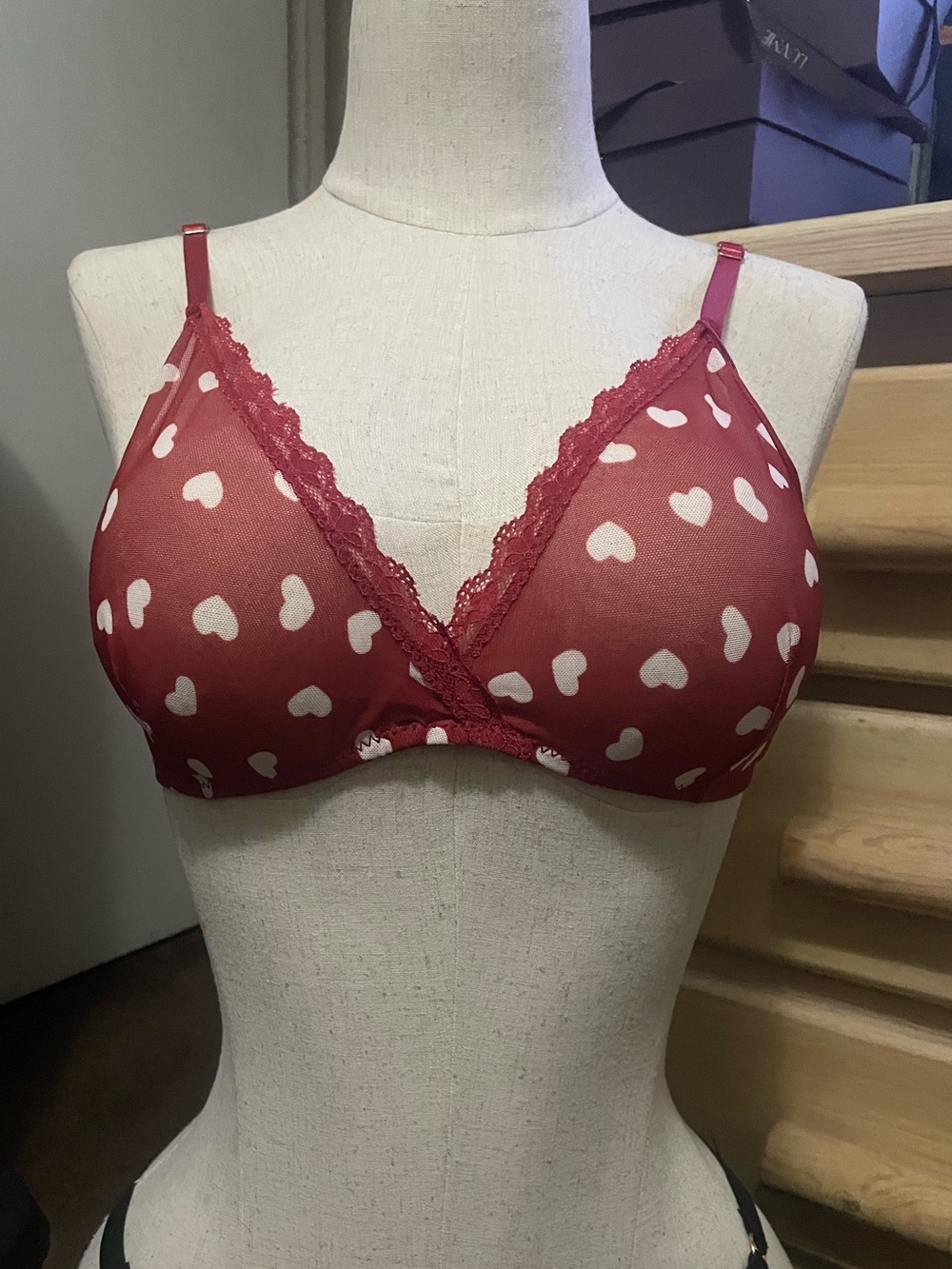 Avidlove Red Heart-Print Lace Trim Bralette - Women Intimates Size 2XL